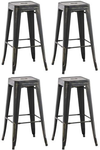 CLP Lot De 4 Tabourets De Bar Joshua I Tabouret De Bar Industriel Empilable Et Robuste I Repose-Pieds Structure A 4 Pieds I Hauteur Siège 77 cm, Couleur:Noir/Or