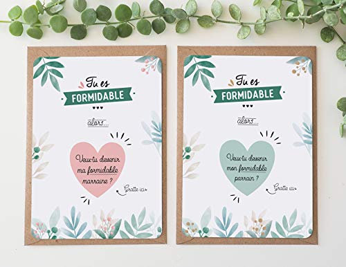 Lot de 2 cartes à gratter marraine et parrain - Coeur - Demande parrain - Demande marraine - Annonce parrain marraine