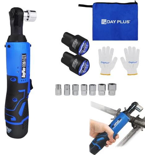 Royalswill Blue 3/8 Inch Cordless Ratchet Wrench 12V Power Right Angle Electric Ratchet Wrench Multi-Purpose Repair Tool with 2 Rechargeable Lithium-Ion Battery and 1 Charger