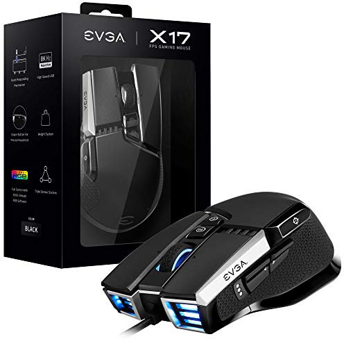 EVGA X17 Ratón Gaming con Alámbrico, Negro, Personalizable, 16.000 dpi, 5 Perfiles, 10 Botones, Ergonómico 903-W1-17BK-KR