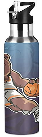 Vnurnrn Arte Orso Basket Bottiglia Acqua Acciaio Inox, Isolato Borraccia Termica Senza BPA 600ML per Bevande Calde e Fredde per Bambini Sport Ciclismo Scuola