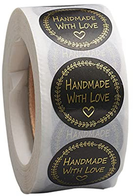 PandaHall 5 Rollen Handmade with Love Aufkleber 2,5 cm rund schwarz mit goldenem Wort Backen Aufkleber selbstklebend Etikett Dekor zum Backen hausgemachte Geschenke Dekor