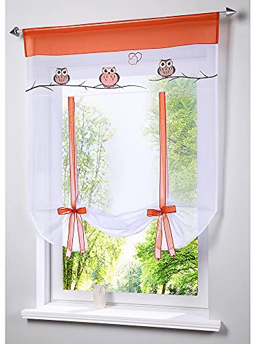 Smithoom 1 Stück Raffrollo für Küche Voile Sheer Vorhang Stangentasche mit Eule bestickt für Kinder Schlafzimmer Wohnzimmer Balkon Kleine Fensterdekoration Orange 60x140cm