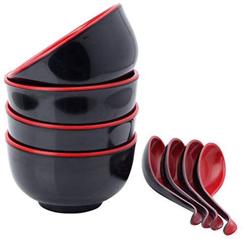 Eljjhah Juego de vajilla de estilo japonés, cuencos de melamina ecológicos, cucharas de sopa de arroz, vajilla de plástico antiadherente, para restaurante casero (color: negro rojo)