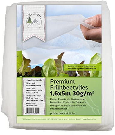 TTL Garden 8m² 1,6m x5 m Frühbeetvlies 30g/m² - atmungsaktives Wachstumsvlies Hochbeetvlies Frostschutz für Beet, Abdeckvlies, Insektenschutz, für alle Beete zum Schutz vor Frost und Schädlingen