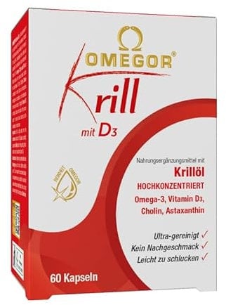 OMEGOR Krill mit D3 – Nahrungsergänzungsmittel mit Krillöl – Vitamin D3 und Vitamin E – Hervorragend für Zähne und Knochen – Wertvollem Cholin für Ihr Gehirn – 60 Kapseln