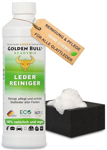 Golden Bull® Lederreiniger & Lederpflege für Ledercouch 500ml + Schwamm [STARK - VEGAN - OHNE Chemie] Leder Reiniger mit natürlichem Kokosöl für Reinigung & Pflege von Ledersofa Auto Couch Sofa