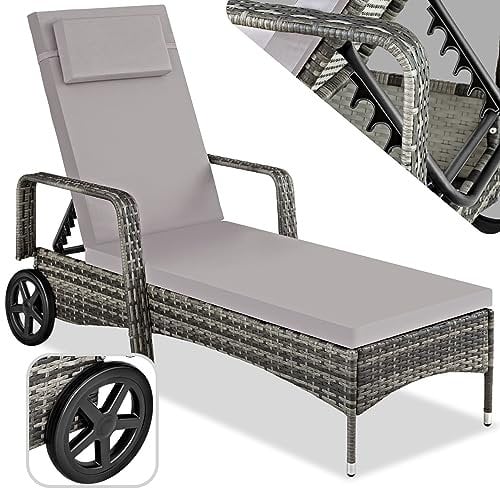 TecTake® Lettino Poly Rattan Arredo Esterno Giardino, Sdraio Prendisole, Sdraio da Giardino, Terrazzo, Balcone, Sdraio piscina, Ruote Gommate, Arredo Interno Divano Sedia - Grigio/Grigio Chiaro