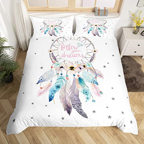 Ensemble de housse de couette en plumes bohème pour filles Dream Catcher Housse de couette femmes Fleurs botaniques Ensemble de housse de couette Bohême Attrapeur de rêves Fleurs Housse de couette