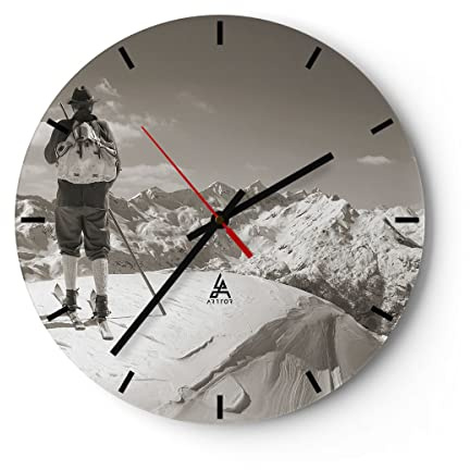 ARTTOR Moderne Wanduhr 30x30cm Rund Glasuhr Menschen Sport - 4192 | Skifahrer Bayern Sepia Glas Analog Wanduhr Lautlos Wanddekoration Wohnzimmer Büro Küche Wanddeko Küchenuhr Geräuschlos ARTTOR