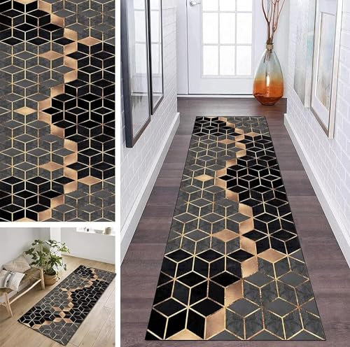 ZDYHMrj Läufer Teppich Lang Flur rutschfest Waschbar 120X250CM Küche Schwarz Grau Gold Korridor TeppichLäufer für Flur Schlafzimmer Wohnzimmer Polyester Teppichmatte, Anpassbar Küchenteppich