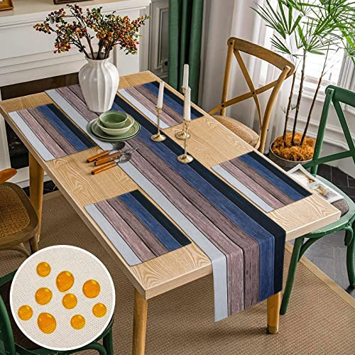 Runner da Tavolo Moderno E Tovagliette Lavabili Blu Grigio Strisce Legno - Poliestere Impermeabile per Colazione, Esterni 40x140cm 45x32cm