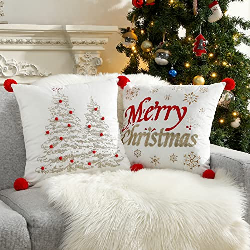Lewondr Weihnachten Kissenbezug, 2 Stück Samt Kopfkissenbezug mit Schneeflocke Stickerei & Pompons, Quadratischer Weihnacht Zierkissenbezug für Zuhause Auto Büro 45x45 cm - Weiß & Rot