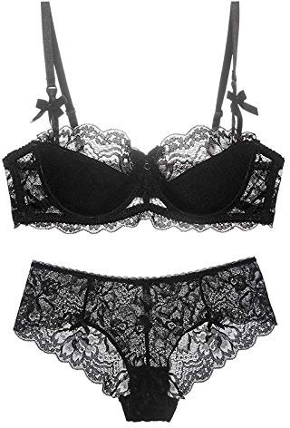 Necalisi Push up Bra Black Lingerie Women Two Piece Push-up Bra and Lace Panty Lingerie Set, Fashionable Elegant Bra Set Comfort Bras 75B