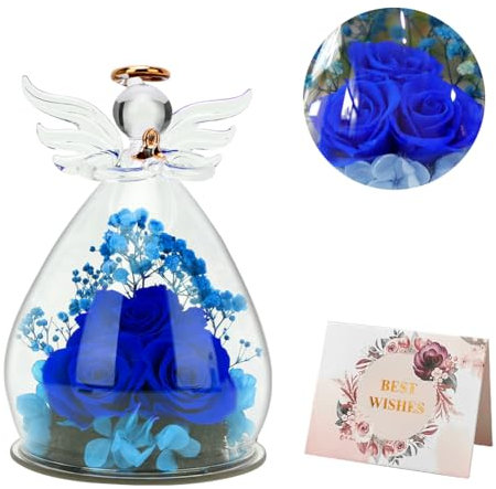 VOHESEA Rosa eterna in vetro con angelo – Grande rosa eterna con figura di angelo, figura di angelo in vetro, realizzata a mano, fiore eterno, regalo di compleanno per donne, mamma, mamma, nonna