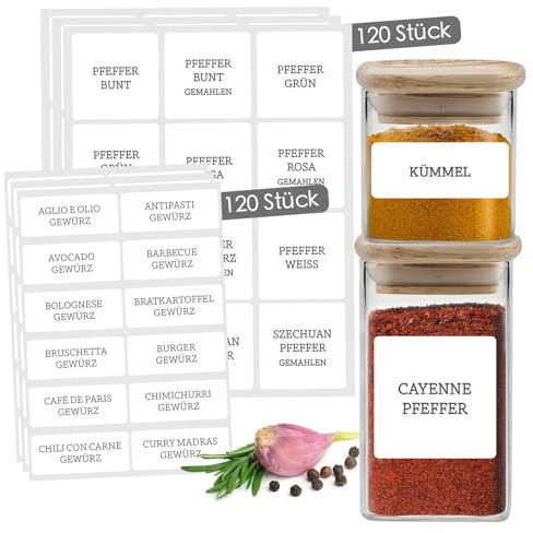 Gewürzetiketten Selbstklebend – 240 Sticker für Gewürzgläser & Gewürzdosen - Wasserfeste Gewürzaufkleber - Spice Jar Label - Beschriftete Etiketten für Küchenorganisation - Rechteckig Weiß