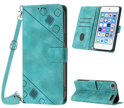 Mo-Beauty Hülle mit iPod Touch 7/6 / 5, PU Leder Flip Crossbody Handyhülle, verstellbare abnehmbare Halskette [Ständer] [Kartenfach] [Magnet] Schutzhülle für iPod Touch 7 - Grün