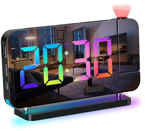 ThreeH Digitaler Regenbogenwecker Projektionswecker Großes LED Spiegel Display Buntes Nachtlicht Duale USB Ladeanschlüsse Snooze Funktion Dimmen Einstellbare Lautstärke Schwarz