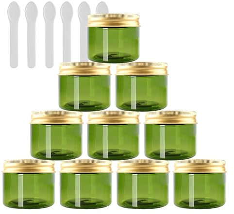 PQPAUTY 24 Pièces Vides Petit 50 ml Vert Cosmétique Pot en Plastique avec Couvercle Or 50 g Pots de Cosmétique Crème de Bouteille Contenant avec 6x Spatules
