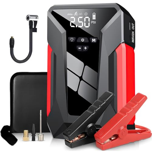 Booster Batterie, Compresseur d'air Multifonctionnel 4 en 1, 1200A Démarreurs 150PSI Compresseur d'air Portable 12V Demarreur Batterie avec Lampe LED, Écran LCD Démarrage De Voiture