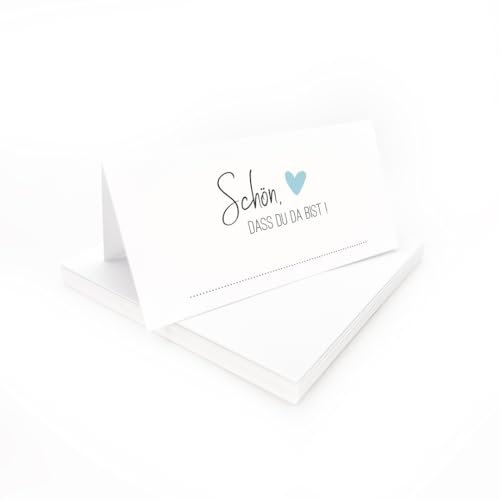 Tischkarten Schön, dass du da bist weiß mit Herz | Farbe wählbar | 25, 50, 100 Stück | selbst beschriften | Namensschilder, Platzkarten | für Hochzeit, Geburtstag uvm (Blau, 100)