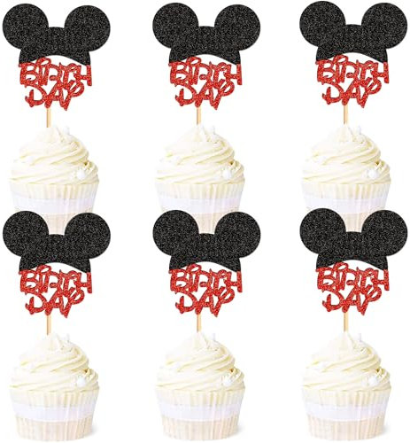 Blumomon 24Pcs Glitter Mouse Cupcake Toppers Mouse Cake Decorations,Baby Shower Cupcake Toppers for Boy Birthday Party Decorations Baby Shower Party Decoration Supplies