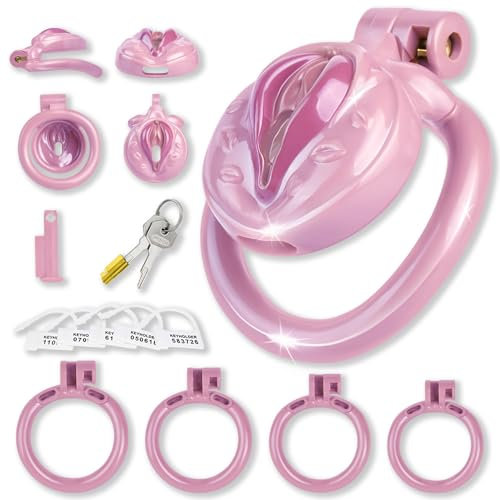 SeLgurFos Chastity Cage Sissy Fetisch Sexspielzeug mit 4 Penisringe und 2 Schlüsseln Klein Harz Keuschheitsgürtel für Herren SM Cock Bondage Set für Erwachsene Männer (Pink)