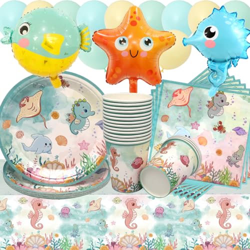 Doyomtoy 68 Pezzi Animali Oceanici Decorazioni per Compleanno, Stoviglie per Feste con Piatti, Tazze, Tovaglioli, Tovaglia e Palloncini