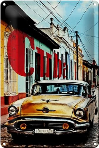 Schild Blech 20x30cm - Made in Germany - Spruch Cuba altes gelbes Autos Oldtimer Metall Deko Blechschild
