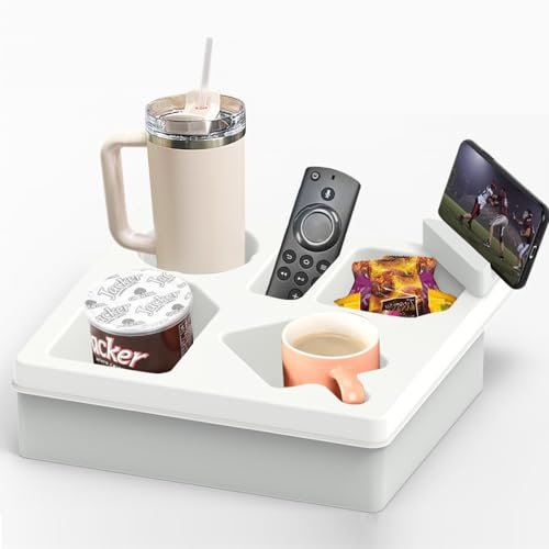 Wotendy Couch Cup Holder Tray, Silicone Sofa Couch Caddy for Bed Seat Beach Organizer, Waterproof Sofa Cup Holder with Phone Stand for TV Remote, Snacks, Drinks, Cellphone (White)