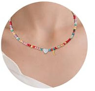 Bunte Perlenkette mit Buchstaben für Mädchen Damen,Tiny Bunte Kette, Regenbogen Samen Perlen Halskette, Halskette Bunte Perlen, Boho Kette Schmuck Geburtstagsgeschenk Für Frauen Teenager Mädchen (I)
