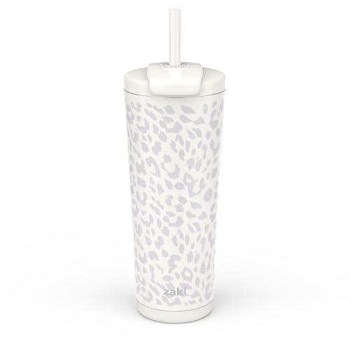Zak Designs Beacon Straw Tumbler for Travel or At Home, 24oz Stainless Steel with Vacuum Insulated and Non-Skid Base (Linen Leopard)