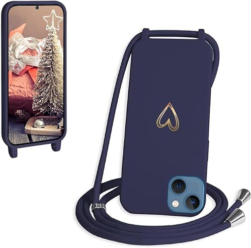 CaseLover Handyband kompatibel mit iPhone 14 Hülle mit Band, Navy Blau | Herz Muster, Silikon Necklace Handyhülle mit Abnehmbar Kordel zum Umhängen, Stossfest Bumper Handy Schutzhülle Case 6.1