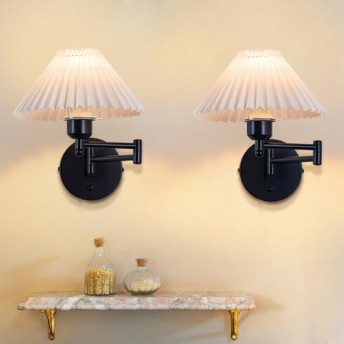 GBLY 2er set Wandleuchte Innen Wandlampe Vintage E27 Retro Lampenschirm | Wandbeleuchtung Schwenkbar 40W.MAX Weiß Stoff Wandlicht Flurlampe Wand für Schlafzimmer Wohnzimmer Büro Ohne Leuchtmittel