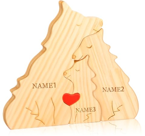 Personalisiertes Holzkunstpuzzle der Bärenfamilie mit Namen, Holz Bär Skulpturen Desktop Ornament Home Tischdekoration Personalisierte Mama/Papa (Wölfe)