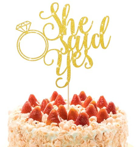 Psyqtsuary 1 PCS Gold 'She Said Yes' Engagement Wedding Cake Topper with Ring, Gold Glitter Bachelorette Bridal Shower Party Cake Decorations
