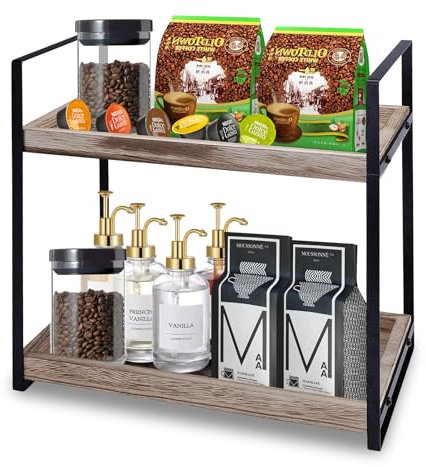 XUDREZ Coffee Station Organizer for Countertop, Hot Chocolate Station, 2 Tier Coffee Bar Accessories Organizer, Wooden Kitchen Counter Shelf