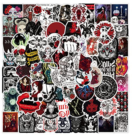 Lotsdonxia 100PCS Waterproof Gothic Stickers in Red and White, Featuring Punk and Horror Thriller Themes, Ideal for Decorating Notebooks, Luggage, and Laptops, Gothic Style