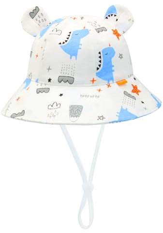 SEYUFN Baby Sonnenhut Mädchen UV Schutz 50 Mütze Kinder Jungen Sommer Bärenohr Hut Kleinkind Unisex Verstellbarem Bindebändern Fischerhut (DE/NL/SE/PL, Alter, 3 Monate, 6 Monate, Blauer Dinosaurier)