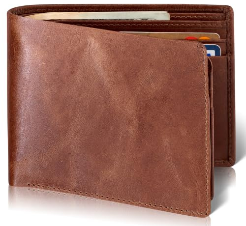 RFID Bifold Leather Wallet For Men with Flip Up ID in Vintage Buffalo Brown, With NO Logo - Forest Brown, Classic Bifold Size, Bifold Style With Flip Up Id