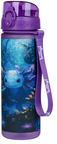 Baagl Kinder Trinkflasche Wasserflasche 500ml Schule Sport Tritan - Axolotl | Die Schultrinkflasche und Getränkeflasche für Jungen Mädchen und eine Fussball Flasche ist ideal für Schule und Ausflüge.