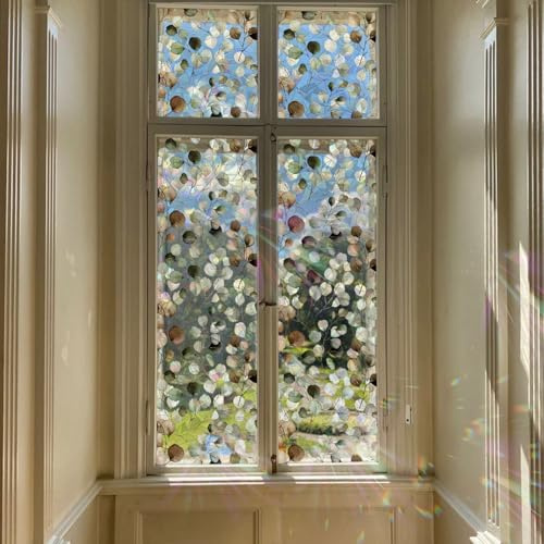 Runtoo Fenster-Sichtschutzfolie, Regenbogen-Eukalyptusblätter, Boho-Fensteraufkleber, 3D-Dekoratives Vinyl, Buntglas, botanische grüne Blätter, Aufkleber, statischer Aufkleber, nicht klebend, 40 x