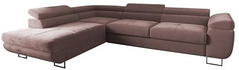 Ecksofa Luna mit Schlaffunktion und Bettkasten – 275x202 cm – verstellbare Kopfstützen – Liegefläche 193x125 cm – Couch – Schlafsofa – L-Sofa mit Stauraum (Monolith 62 Lavender, Seite: Links)