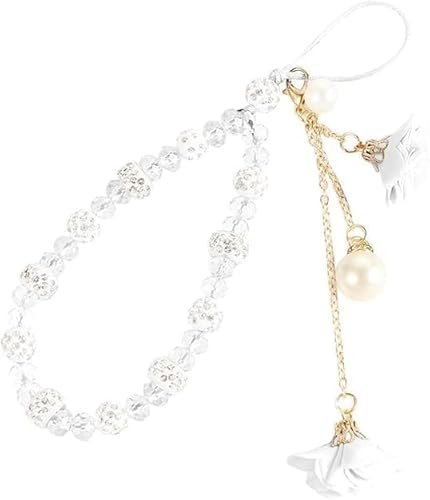 Zhhuoc White Mobile Phone Strap Bling Lanyard Bracelet Hand Strap Hanging Cord Flower Pendant Short Cord Wrist Cell Charms Accessories for Phone Case Decor