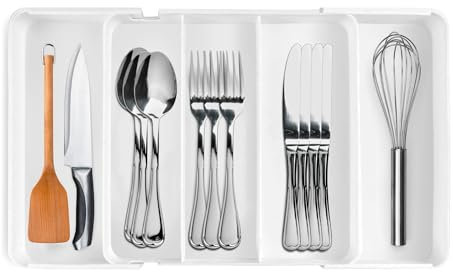 Organizador para Cubiertos Extensible. Bandeja Ajustable para Cubertería. Organizador de Cajón para Utensilios de Cocina. Ancho Variable, de 3 a 5 Compartimentos.
