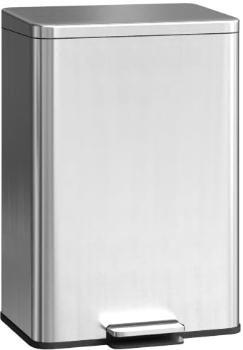 HOMCOM 20L Kitchen Bin Soft-Close Lid Stainless Steel Pedal Bin Silver Tone | Stay-Open Function, Removable Inner Bucket, Kitchen, Office, Home