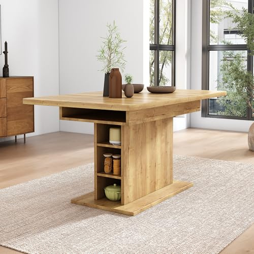 ModernLuxe Extendable Dining Table with Storage, Rectangle Kitchen Table, Simple and Elegant Design, Flexible Retractable Function, Space-saving and Multifunctional, Oak, 130x70x75cm