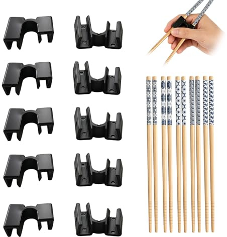 5 Pairs Chopsticks for Beginners with 10 Chopstick Helper Aids Training Chopsticks Helpers Reusable for Adults Home Dining Travel Meals Dishwasher Safe Elegant Design (Black)