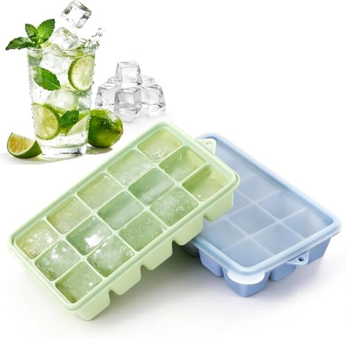 Novastream 2 Pack Silicone Ice Cube Tray with Lid, Reusable Ice Cube Trays with Lids for Freezer, BPA Free, Dishwasher Safe, Blue & Green