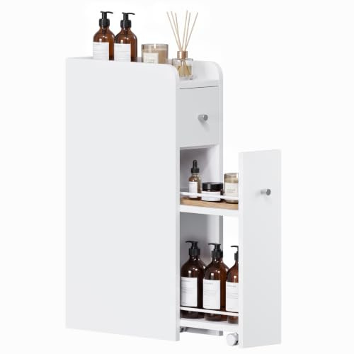 APICIZON Badschrank Schmal, Nischenschrank für kleine Räume, Badezimmerschrank Klein, Toilettenschrank mit Schubladen, Schmaler Badezimmerschrank für Waschbecken, WC, Weiss